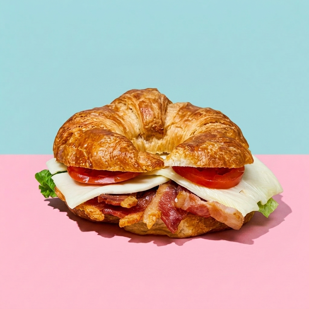 BLT croissant sandwich with bacon, cheese, lettuce, and tomato