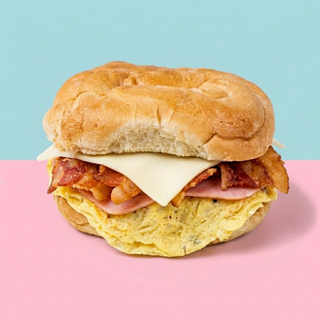 Ham, egg, bacon and cheese bagel sandwich